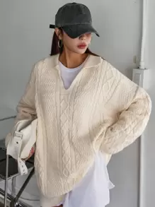 DAZY Drop Shoulder Cable Knit Jumper Without Tee - Beige - View 5