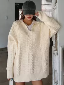 DAZY Drop Shoulder Cable Knit Jumper Without Tee - Beige - View 6