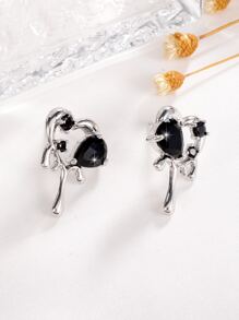 1pair Fashionable Rhinestone Decor Heart Stud Earrings For Women For Daily Decoration - Multicolor - View 2