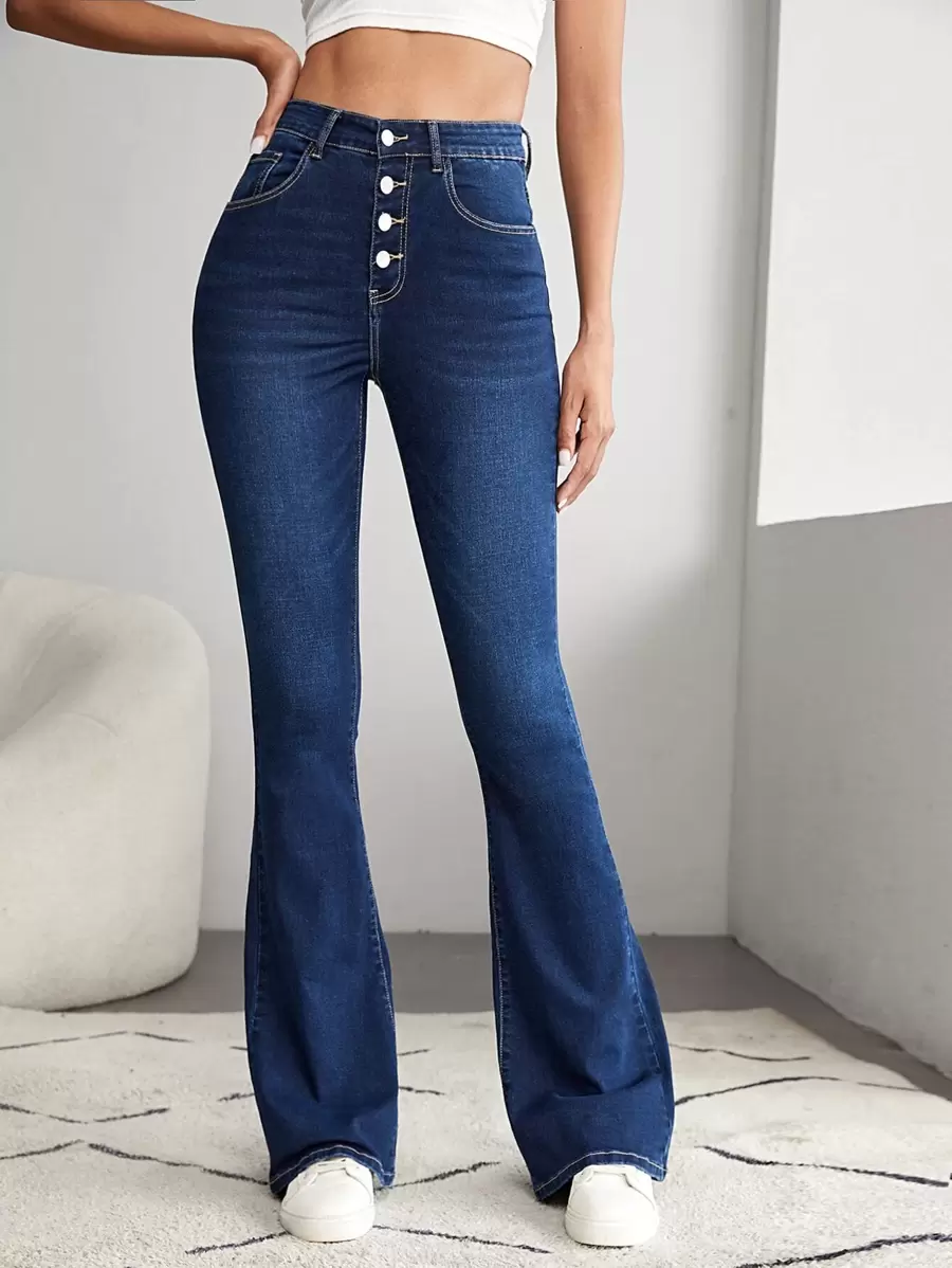 SHEIN Tall Quần jean nữ Túi Nút phía trước màu trơn - Rửa tối - Xem 1