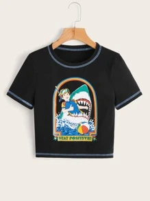 Stevenrhodes Shark Print Crop Tee - Black - View 1