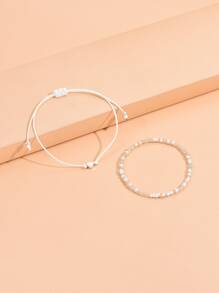 2pcs Random Beaded Love Shape Detail Stylish Anklet - White - View 2