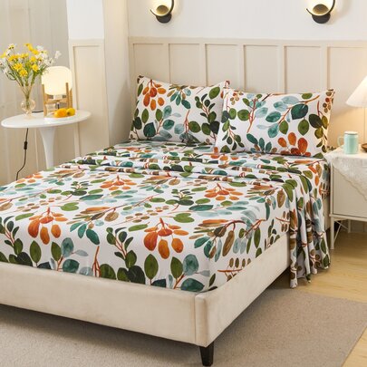4pcs Plant Leaf & Floral Pattern Bedding Set, Soft Microfiber Easy Care Bedding Set, Floral Pattern Bed Sheet Set (1 Bed Sheet + 1 Fitted Sheet + 2 Pillow Cases), Garden Floral Fitted Sheet Set, Multiple Sizes Available, Deep Pocket Bed Sheet, Pillow Cases Up To 11.8 Inches, Soft & Breathable