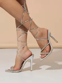 女士高跟水钻镜面漆皮派对凉鞋，性感尖头，优雅踝带，适合春夏户外、正式场合，棕色 - 銀色 - 查看 4