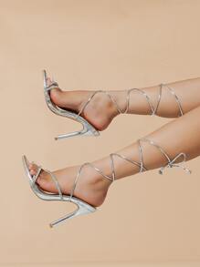 女士高跟水钻镜面漆皮派对凉鞋，性感尖头，优雅踝带，适合春夏户外、正式场合，棕色 - 銀色 - 查看 5