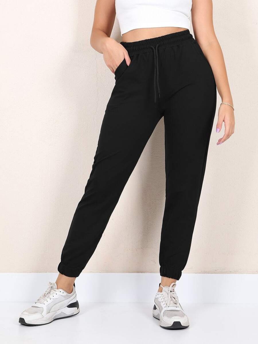 RueChic Drawstring Waist Slant Pocket Sports Trousers - Black - View 1
