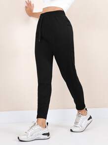 RueChic Drawstring Waist Slant Pocket Sports Trousers - Black - View 2