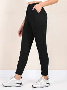 RueChic Drawstring Waist Slant Pocket Sports Trousers - Black - View 3