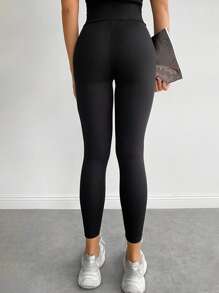 Solid High Waist Sports Leggings - Black - View 2