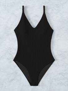 Plain Criss Cross V Neck One Piece Swimsuit, For Summer Beach Vacation - Black - View 3