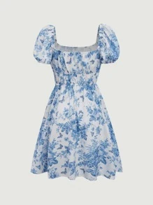 SHEIN MOD 印花方領A字洋裝 - 藍白色 - 查看 10