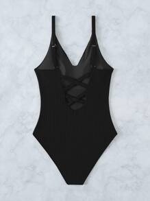 Plain Criss Cross V Neck One Piece Swimsuit, For Summer Beach Vacation - Black - View 4