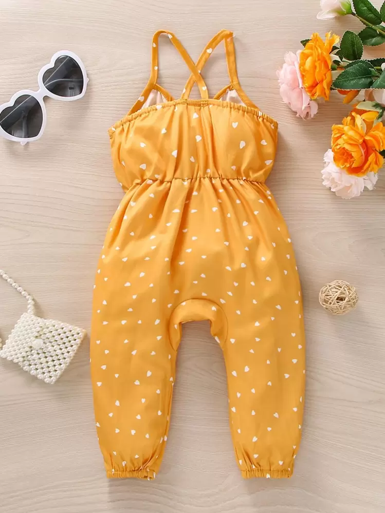 Bebé Mono de tirantes con estampado de corazón fruncido de espalda con tira cruzada - Mostaza Amarilla - Ver 2