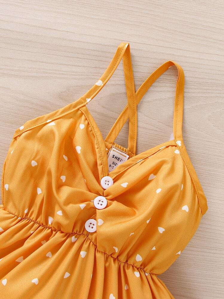 Bebé Mono de tirantes con estampado de corazón fruncido de espalda con tira cruzada - Mostaza Amarilla - Ver 4