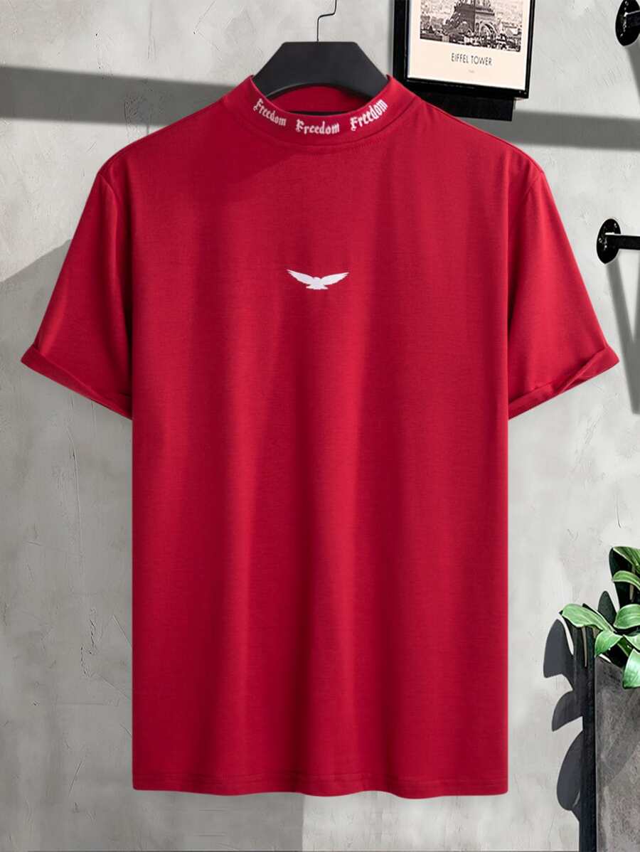 Manfinity Homme Men Bird & Letter Graphic Mock Neck Tee - Burgundy - View 1