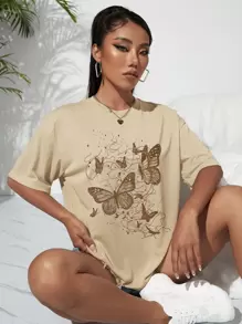 INAWLY Butterfly Print Drop Shoulder Tee Graphic Tees Women Tops - Khaki - View 1