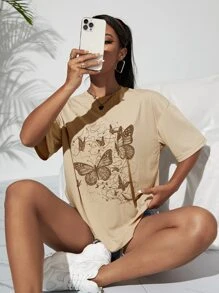 INAWLY Butterfly Print Drop Shoulder Tee Graphic Tees Women Tops - Khaki - View 3