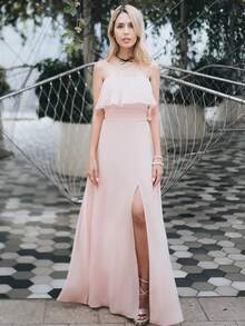 EVERPRETTY Off-Shoulder Ruffle Sleeve Side Slit A-Line Chiffon Light Pink Bridesmaid Dress, Wedding Guest Dress, Wedding/Vacation/Graduation Ceremony - Pink - View 3