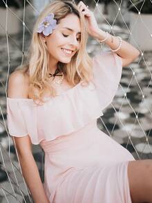 EVERPRETTY Off-Shoulder Ruffle Sleeve Side Slit A-Line Chiffon Light Pink Bridesmaid Dress, Wedding Guest Dress, Wedding/Vacation/Graduation Ceremony - Pink - View 4