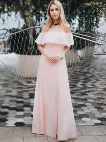 EVERPRETTY Off-Shoulder Ruffle Sleeve Side Slit A-Line Chiffon Light Pink Bridesmaid Dress, Wedding Guest Dress, Wedding/Vacation/Graduation Ceremony - Pink - View 6