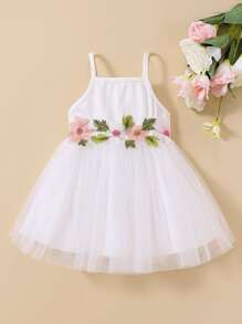 Baby Floral Embroidered Mesh Overlay Cami Dress - White - View 1