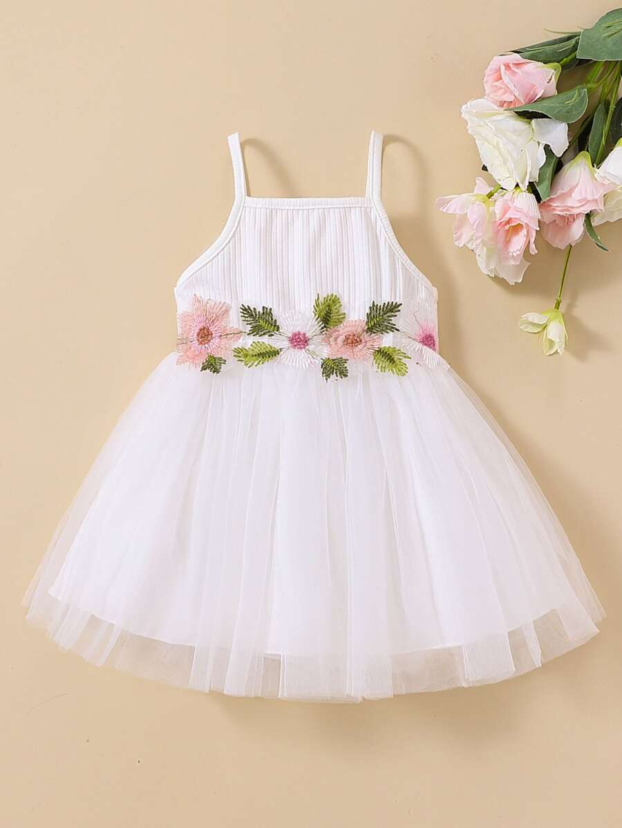 Baby Floral Embroidered Mesh Overlay Cami Dress - White - View 1