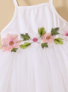 Baby Floral Embroidered Mesh Overlay Cami Dress - White - View 4