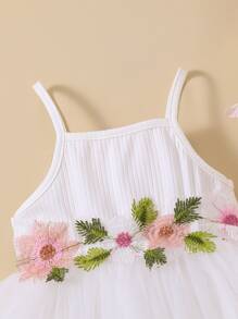 Baby Floral Embroidered Mesh Overlay Cami Dress - White - View 3