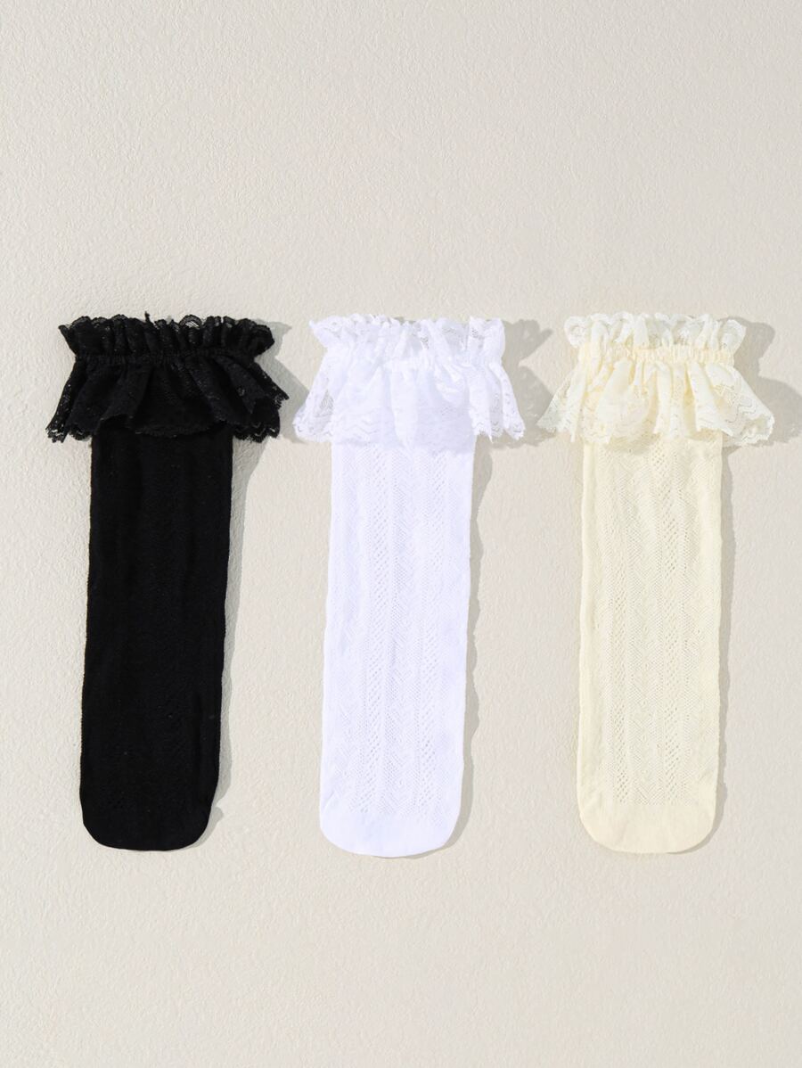 3雙嬰兒蕾絲邊過膝襪 - 彩色 - 查看 1