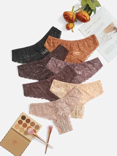 طقم سراويل داخلية بتصميم الدانتيل الأزهار 7 عبوات , ملابس داخلية مثيرة