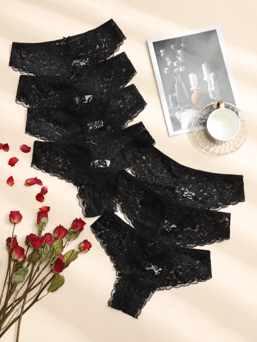 7入組花邊蕾絲底褲套裝內衣 - 黑色 - 查看 1