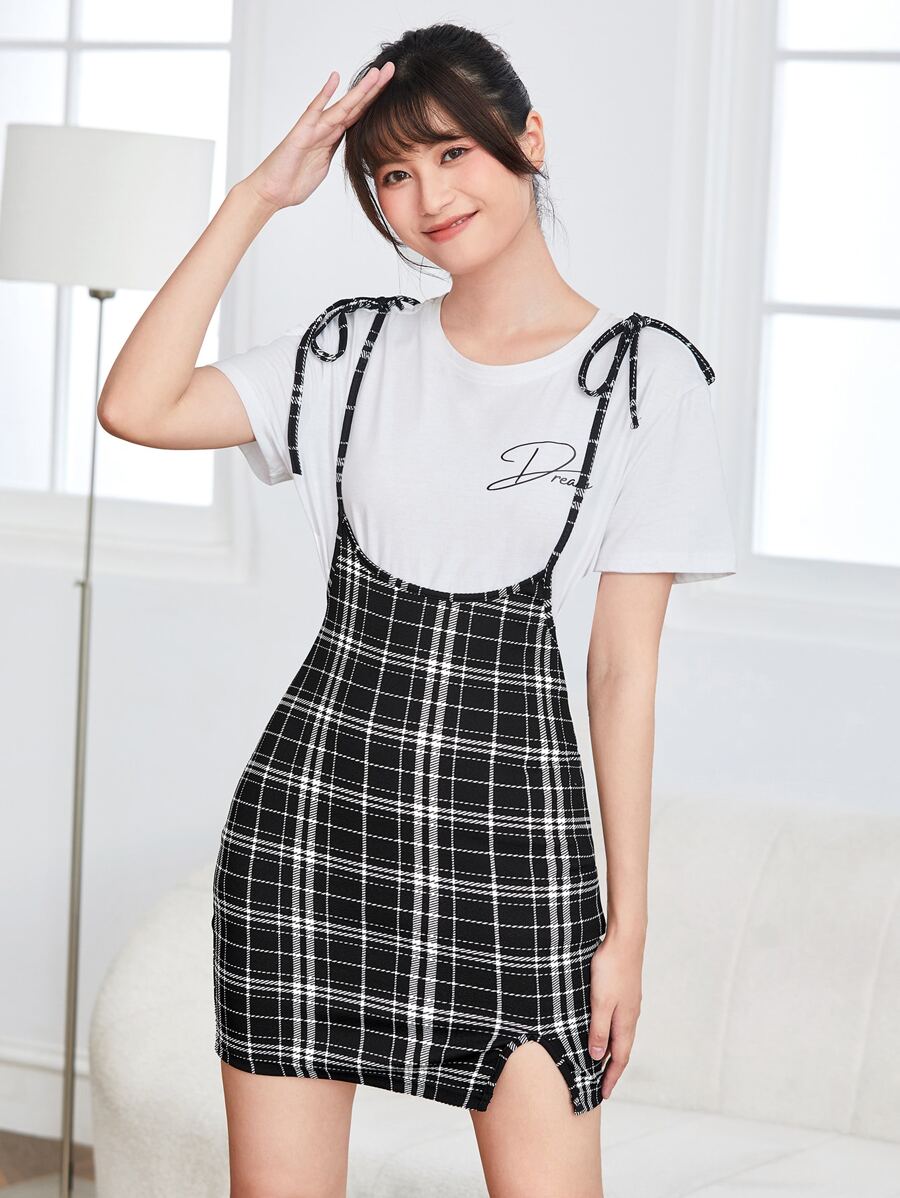 Easelle Đầm Thắt nút Sọc ca rô Sẵn sàng - màu đen - Xem 1