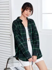 SHEIN LUNE Drop Shoulder Curved Hem Tartan Blouse - Multicolor - View 1