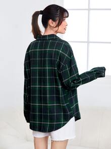 SHEIN LUNE Drop Shoulder Curved Hem Tartan Blouse - Multicolor - View 2