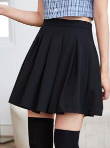 SHEIN Essnce Zip Back Boxy Pleated Solid Skirt - Black - View 4