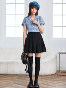 SHEIN Essnce Zip Back Boxy Pleated Solid Skirt - Black - View 6