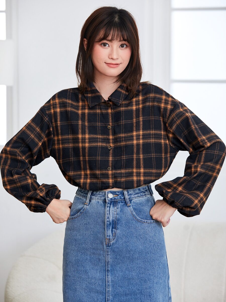 Muchica 落肩袖格子呢圖案短款襯衫 - 彩色 - 查看 1