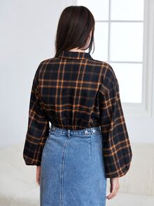 Muchica 落肩袖格子呢圖案短款襯衫 - 彩色 - 查看 2