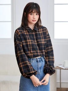 Muchica 落肩袖格子呢圖案短款襯衫 - 彩色 - 查看 3