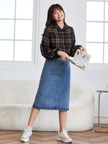 Muchica 落肩袖格子呢圖案短款襯衫 - 彩色 - 查看 4