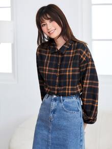 Muchica 落肩袖格子呢圖案短款襯衫 - 彩色 - 查看 5