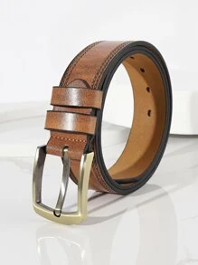 男士壓花細節方形扣皮帶 - 棕色 - 查看 1
