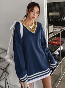 DAZY 1 pieza Jersey ribete en contraste de hombros caídos - Azul Marino - Ver 6