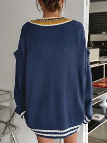 DAZY 1 pieza Jersey ribete en contraste de hombros caídos - Azul Marino - Ver 2