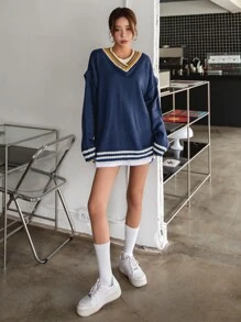 DAZY 1 pieza Jersey ribete en contraste de hombros caídos - Azul Marino - Ver 7