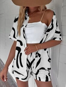 SHEIN LUNE Graphic Print Button Front Shirt & Shorts - Black and White - View 1
