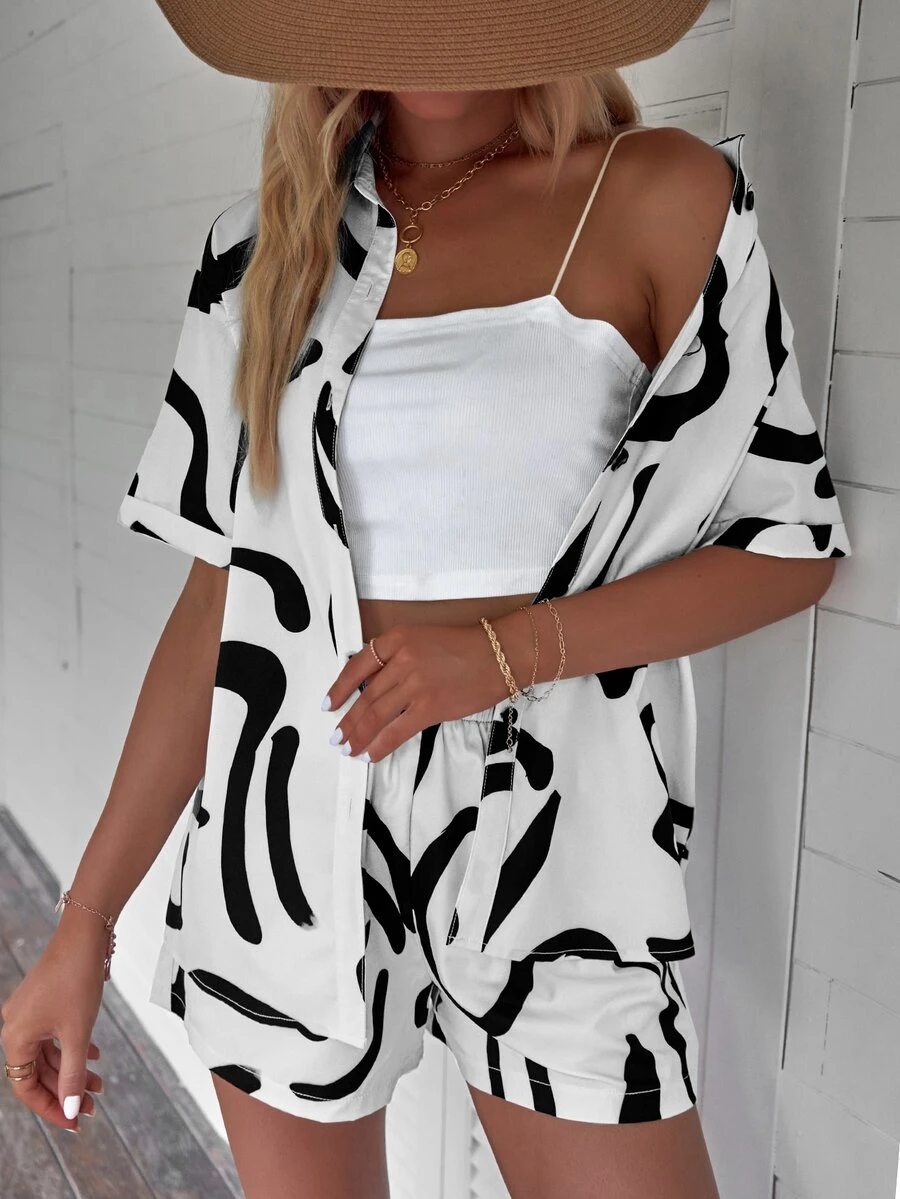 SHEIN LUNE Graphic Print Button Front Shirt & Shorts - Black and White - View 1