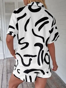 SHEIN LUNE Graphic Print Button Front Shirt & Shorts - Black and White - View 2