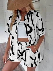 SHEIN LUNE Graphic Print Button Front Shirt & Shorts - Black and White - View 4