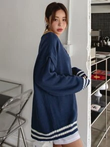 DAZY 1 pieza Jersey ribete en contraste de hombros caídos - Azul Marino - Ver 8